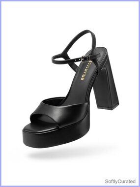 Platform High Heels Square Toe Block Heel Ankle Strap Faux Leather